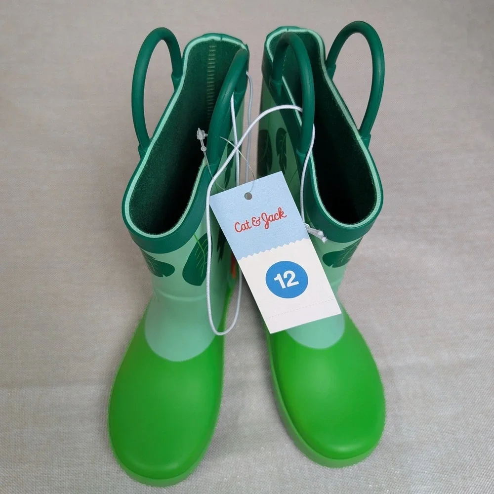Cat & Jack Rain Boots Kids 12 Green NWT Caterpillar Leaf Waterproof Pull On